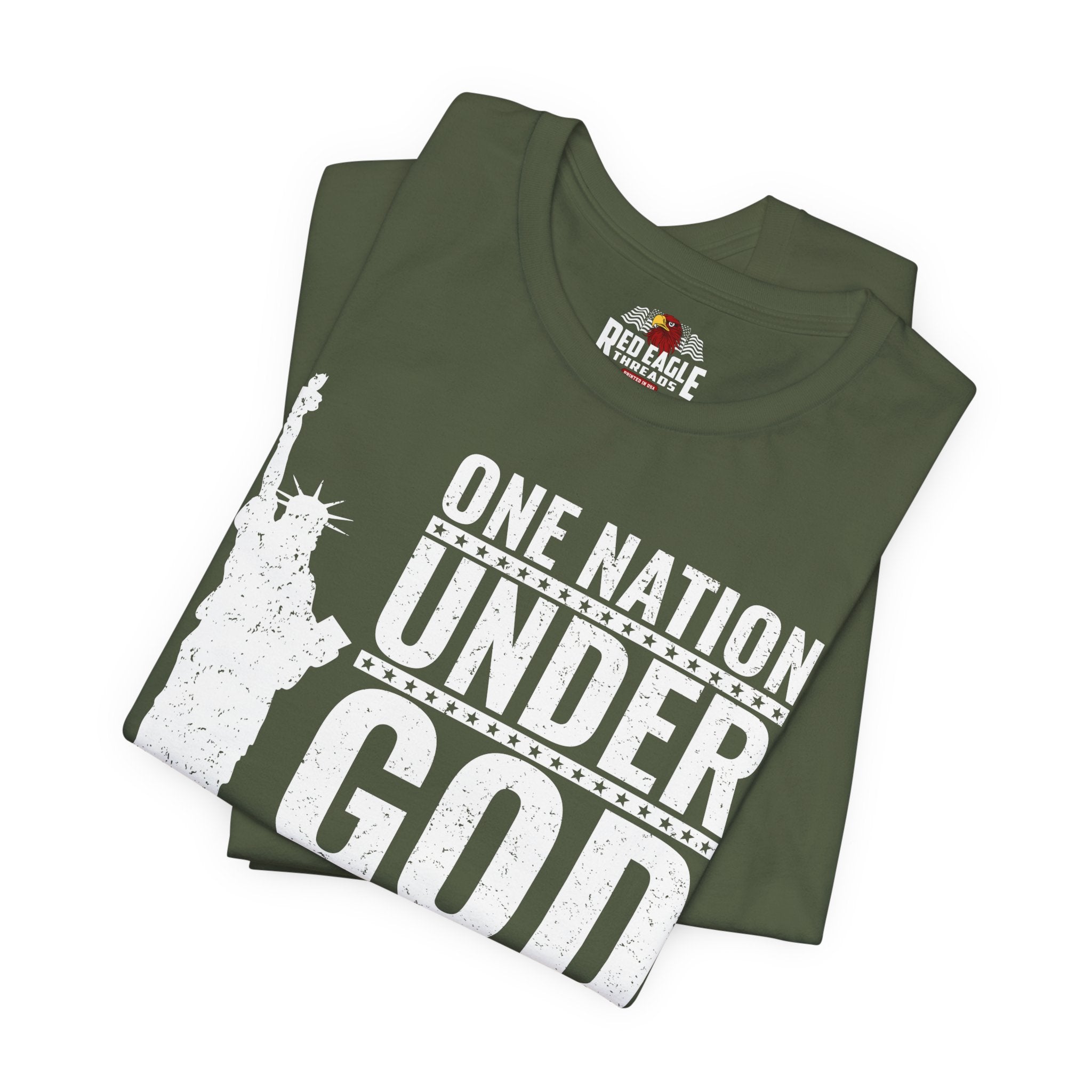 Military Green t-shirt with 'One Nation Under God' text and Statue of Liberty graphic on a white background
