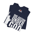 Navy blue t-shirt with 'One Nation Under God' text and Statue of Liberty graphic, displayed on a white background.