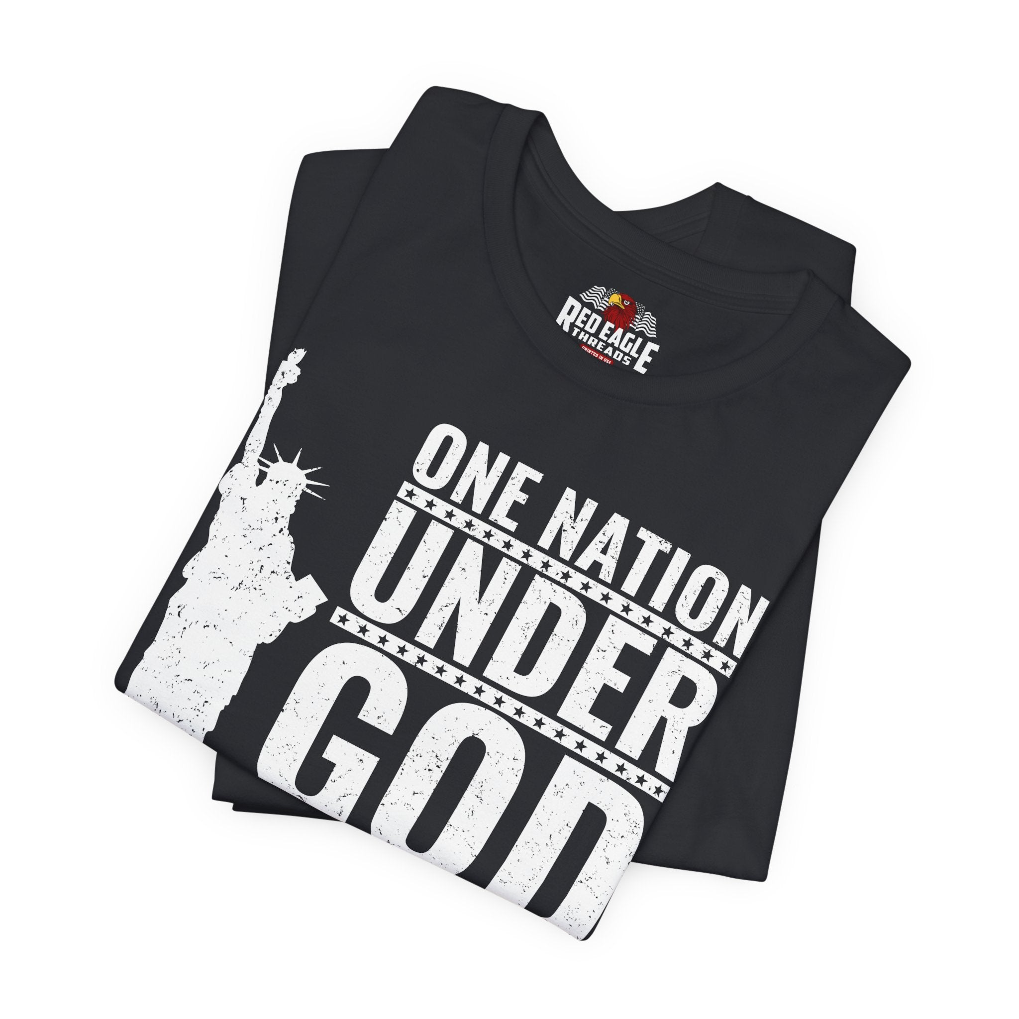 Vintage black t-shirt with 'One Nation Under God' design and Red Eagle Flagging logo on a white background