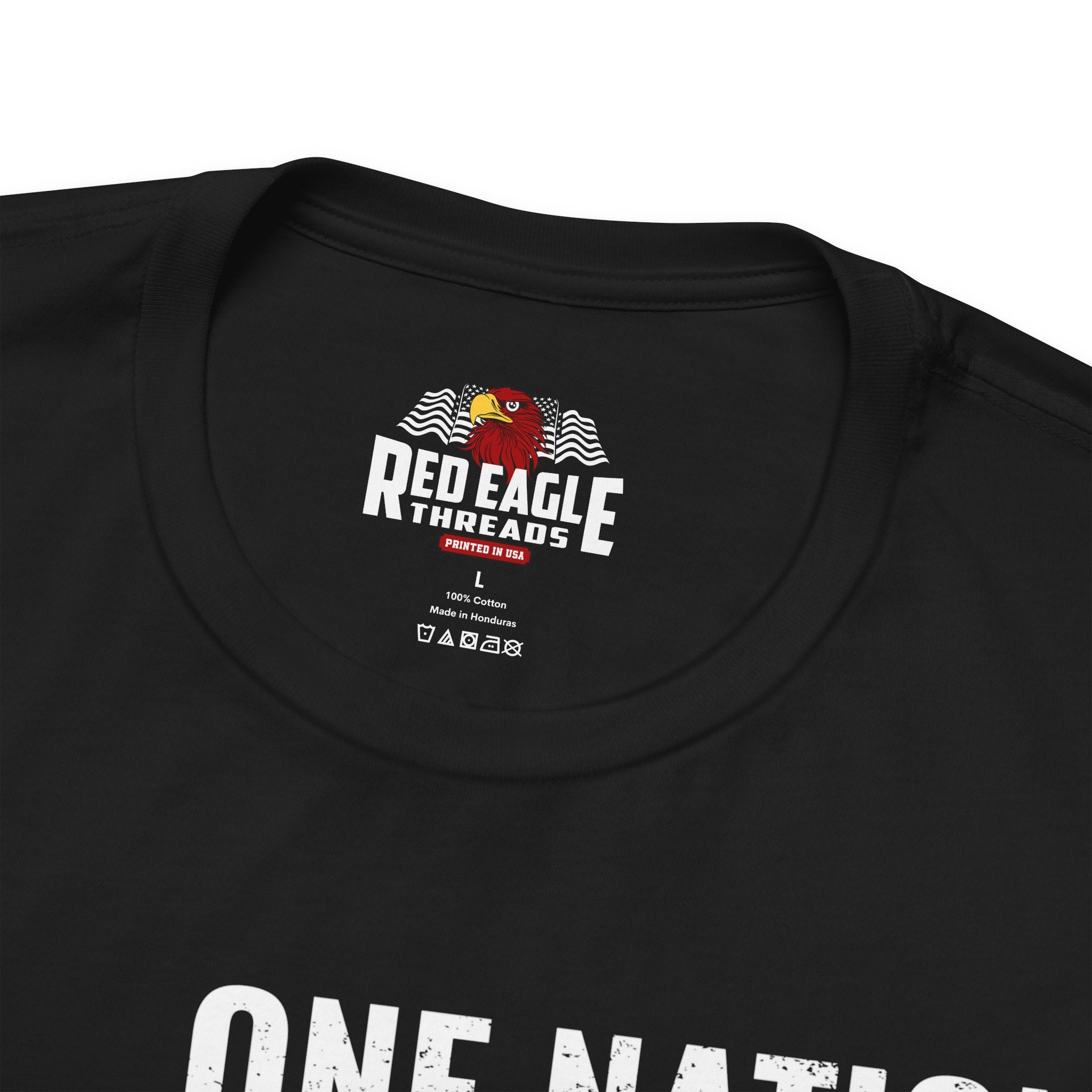 Black t-shirt with Red Eagle Threads logo and text on a white background