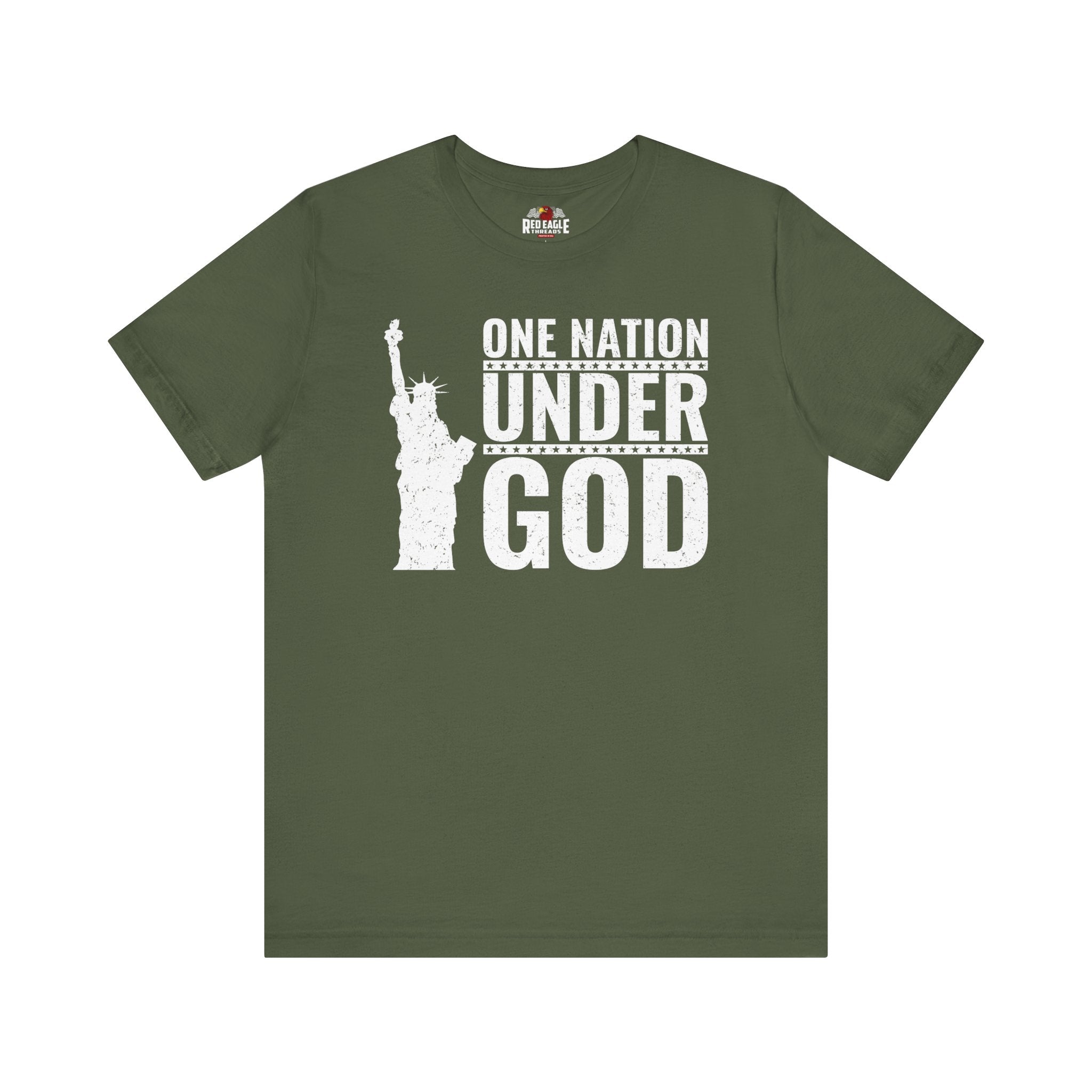 Green t-shirt with 'One Nation Under God' graphic in white print