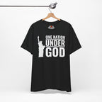 Black t-shirt with 'One Nation Under God' graphic on a hanger against a white background