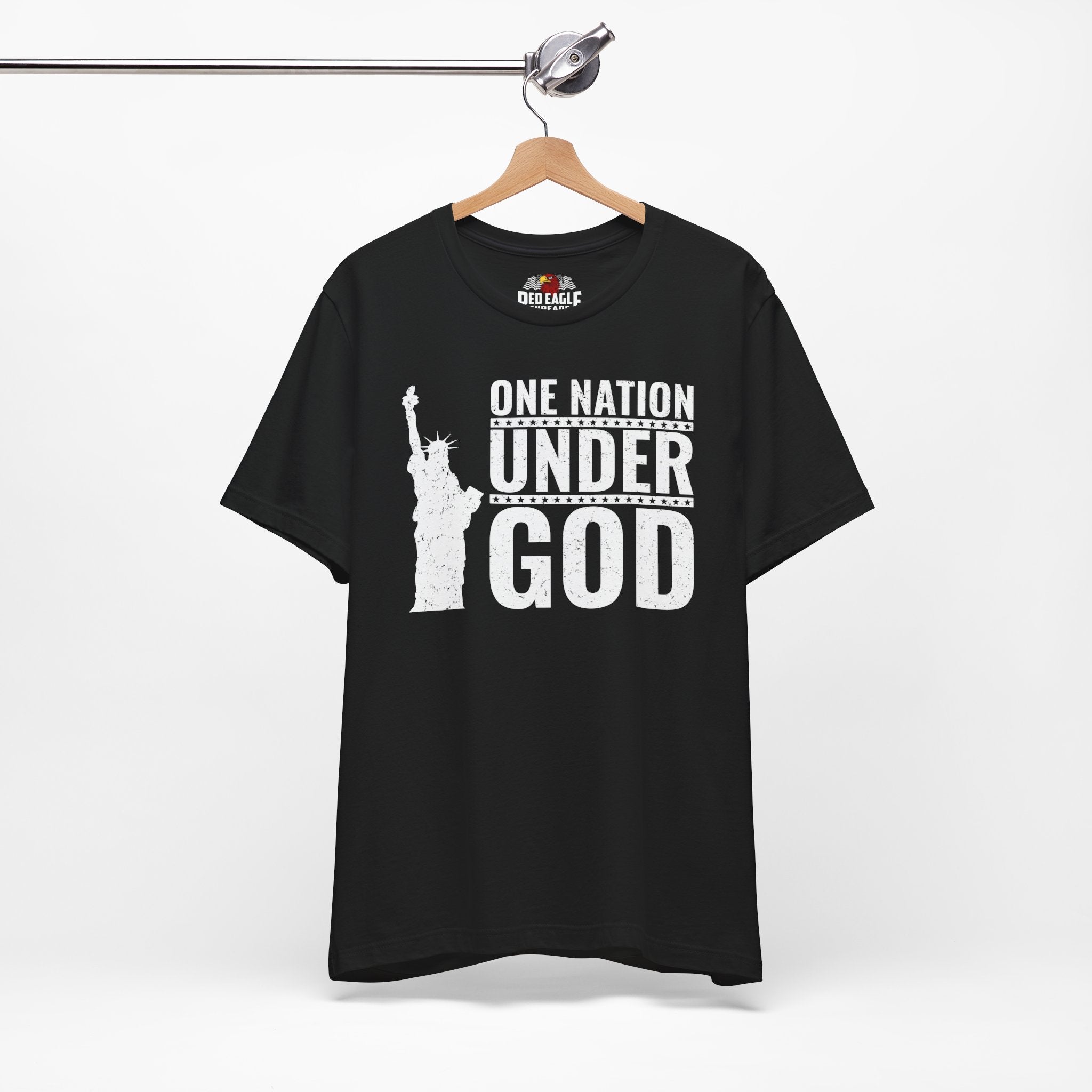 Black t-shirt with 'One Nation Under God' graphic on a hanger against a white background