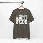 Army Green t-shirt with 'One Nation Under God' graphic on a hanger against a white background