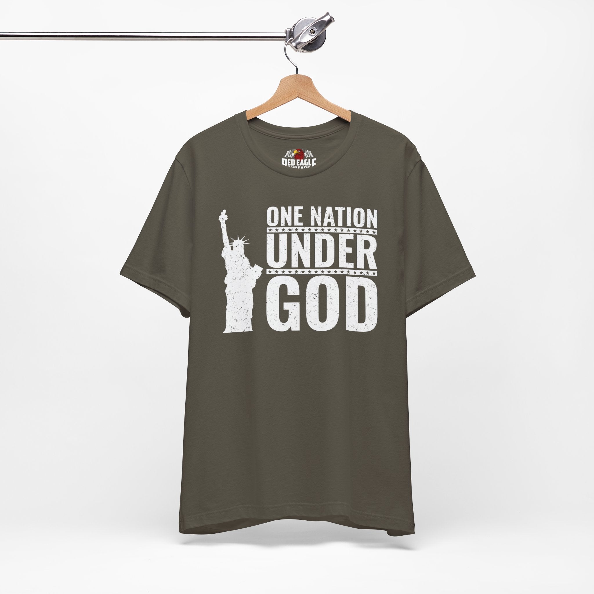 Army Green t-shirt with 'One Nation Under God' graphic on a hanger against a white background