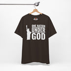 Brown t-shirt with 'One Nation Under God' graphic on a hanger against a white background