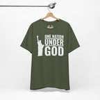 Military Green t-shirt with 'One Nation Under God' graphic on a hanger against a white background