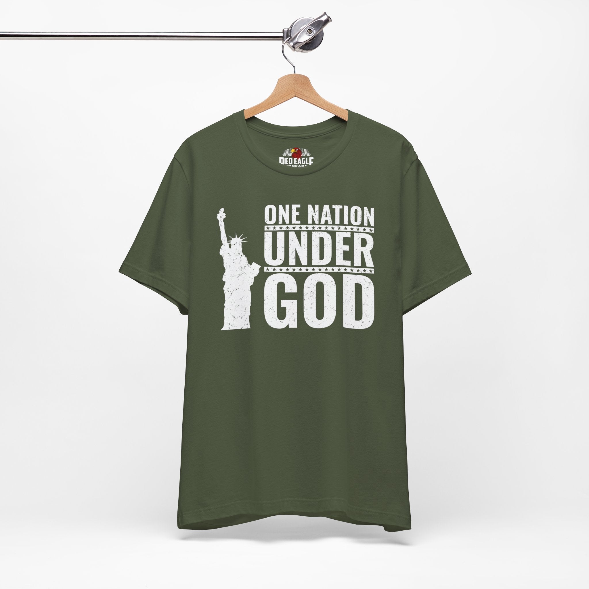 Military Green t-shirt with 'One Nation Under God' graphic on a hanger against a white background
