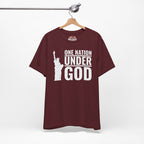 Maroon t-shirt with 'One Nation Under God' graphic on a hanger against a white background