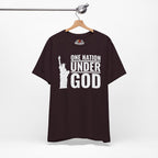 Oxblood Black t-shirt with 'One Nation Under God' graphic on a hanger against a white background