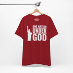 Red t-shirt with 'One Nation Under God' graphic on a hanger against a white background
