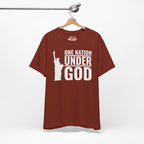 Rust t-shirt with 'One Nation Under God' graphic and Statue of Liberty in white print