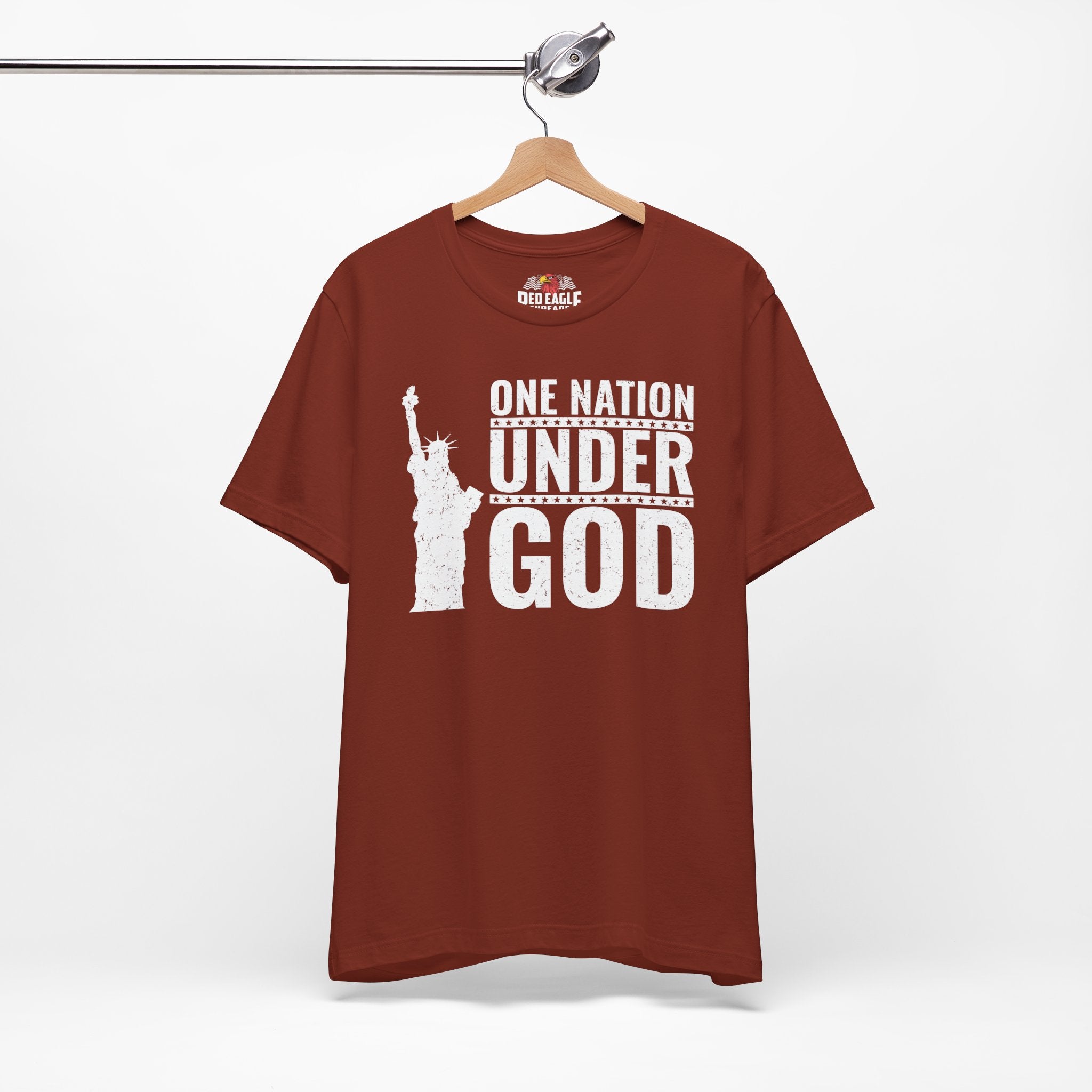 Rust t-shirt with 'One Nation Under God' graphic and Statue of Liberty in white print
