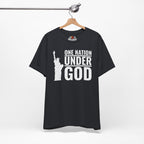Vintage black t-shirt with 'One Nation Under God' graphic on a hanger against a white background