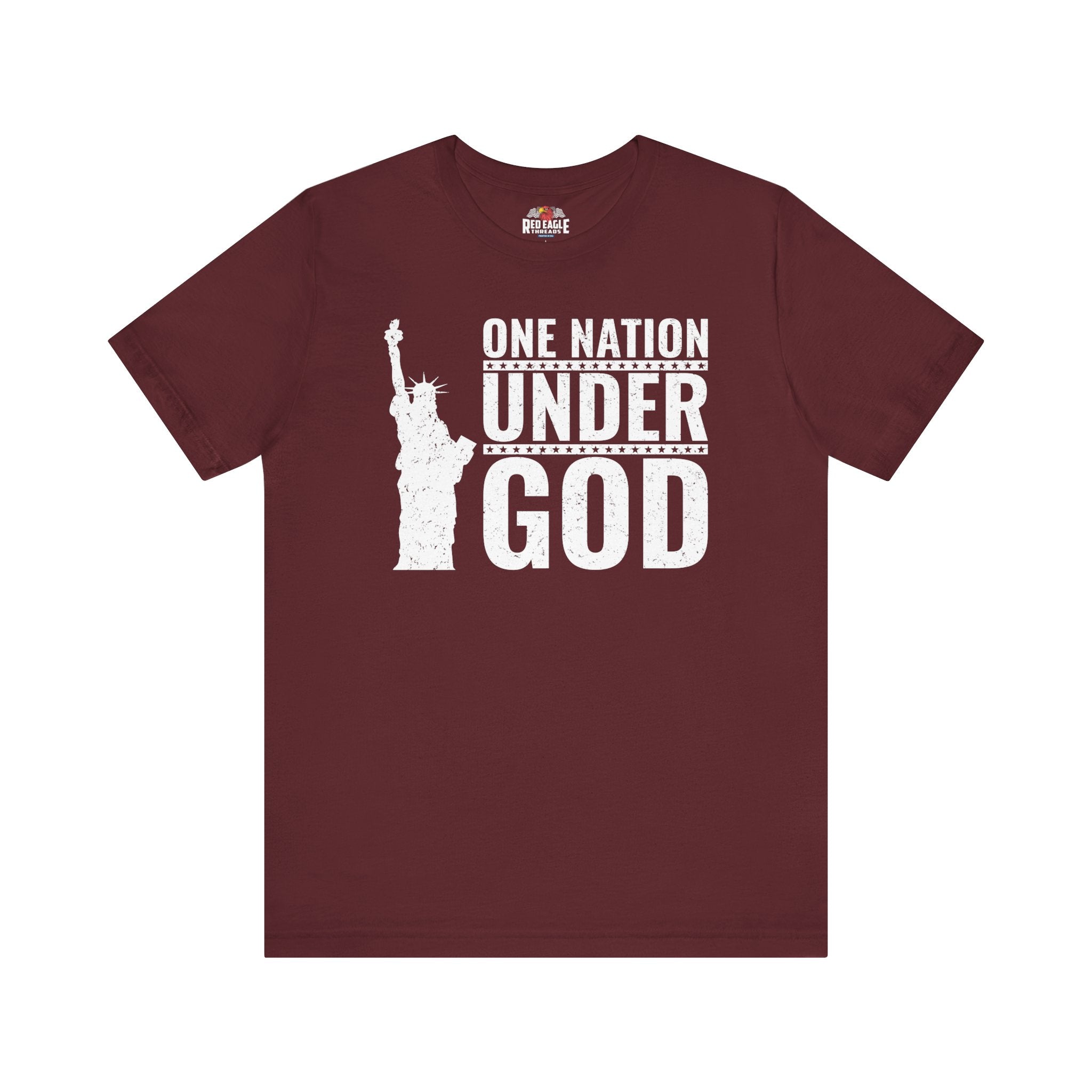Maroon t-shirt with 'One Nation Under God' graphic and Statue of Liberty in white print