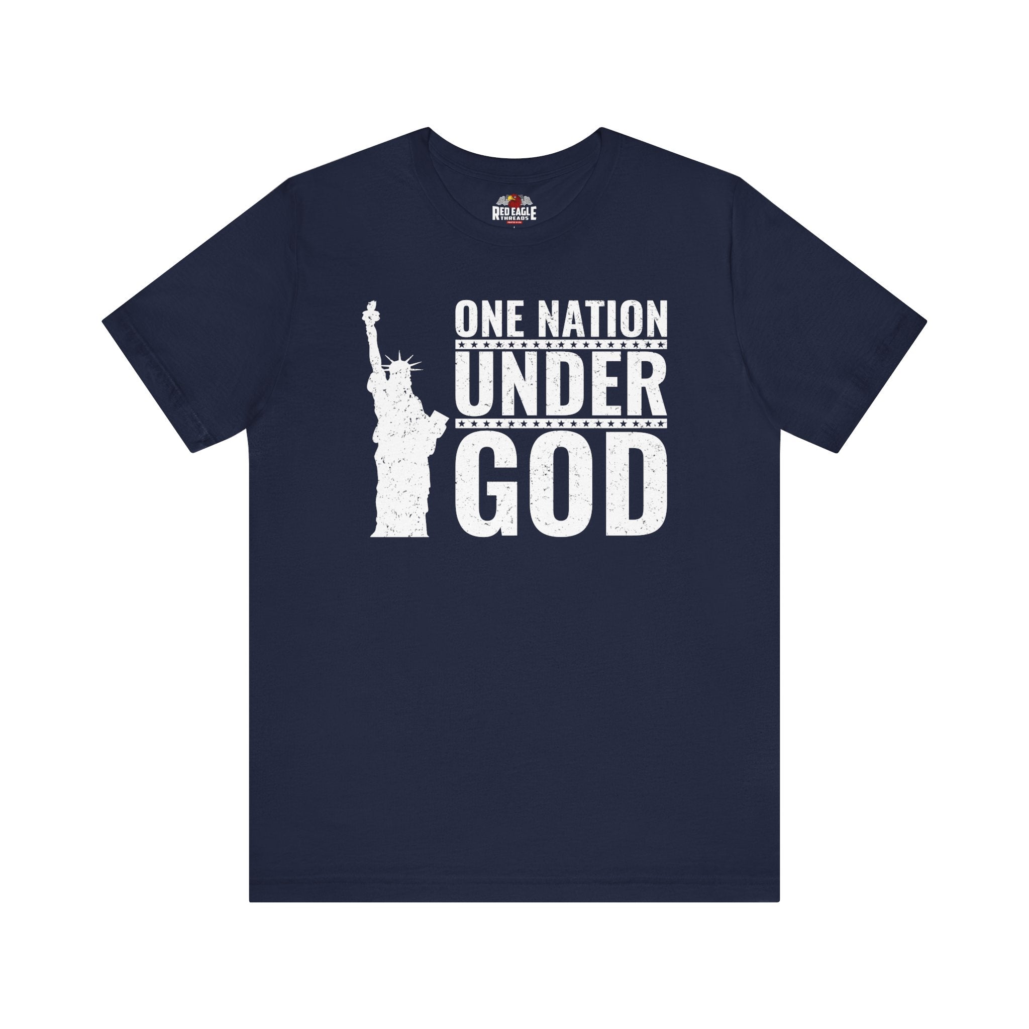 Navy blue t-shirt with 'One Nation Under God' graphic and Statue of Liberty in white print