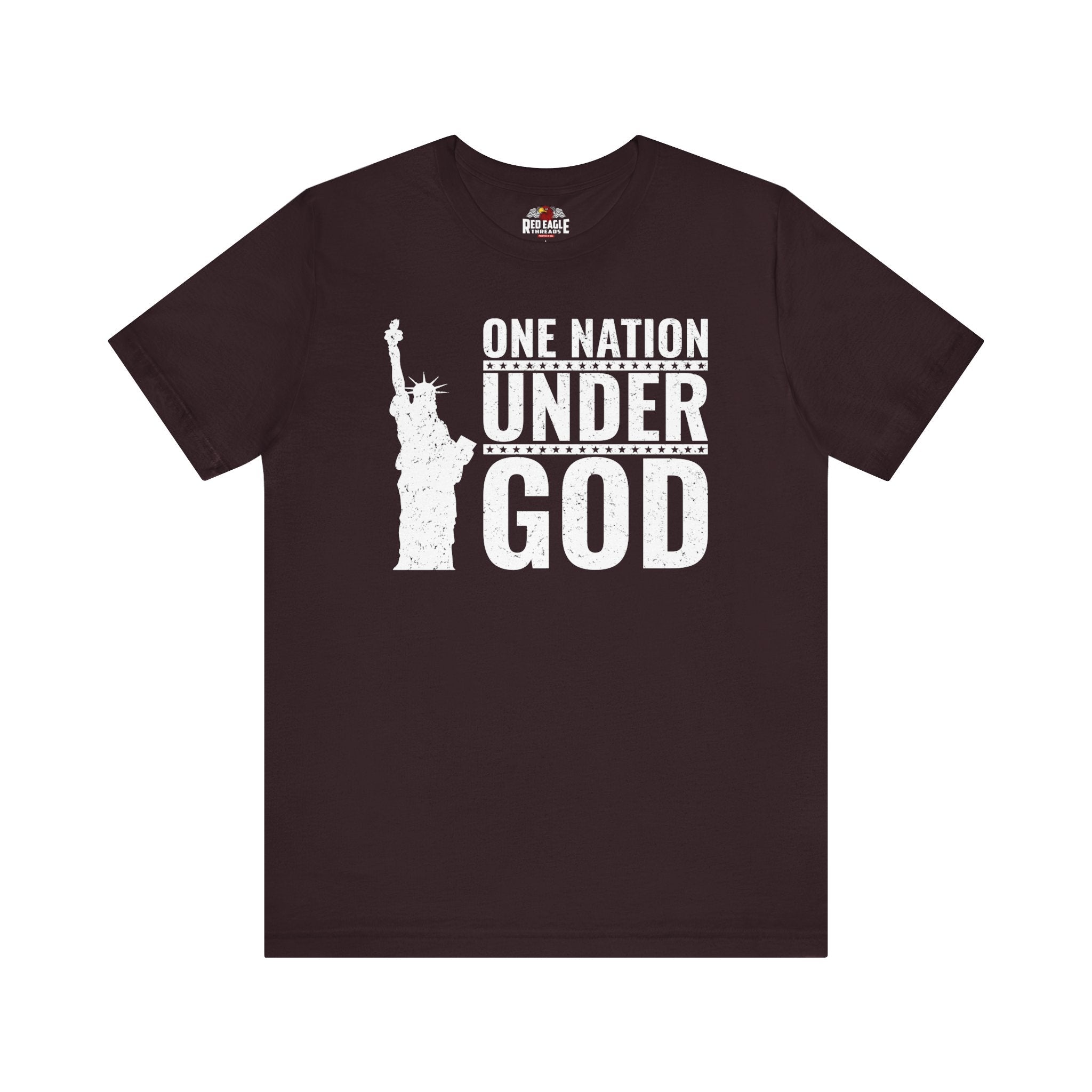 Oxblood t-shirt with 'One Nation Under God' graphic and Statue of Liberty in white print