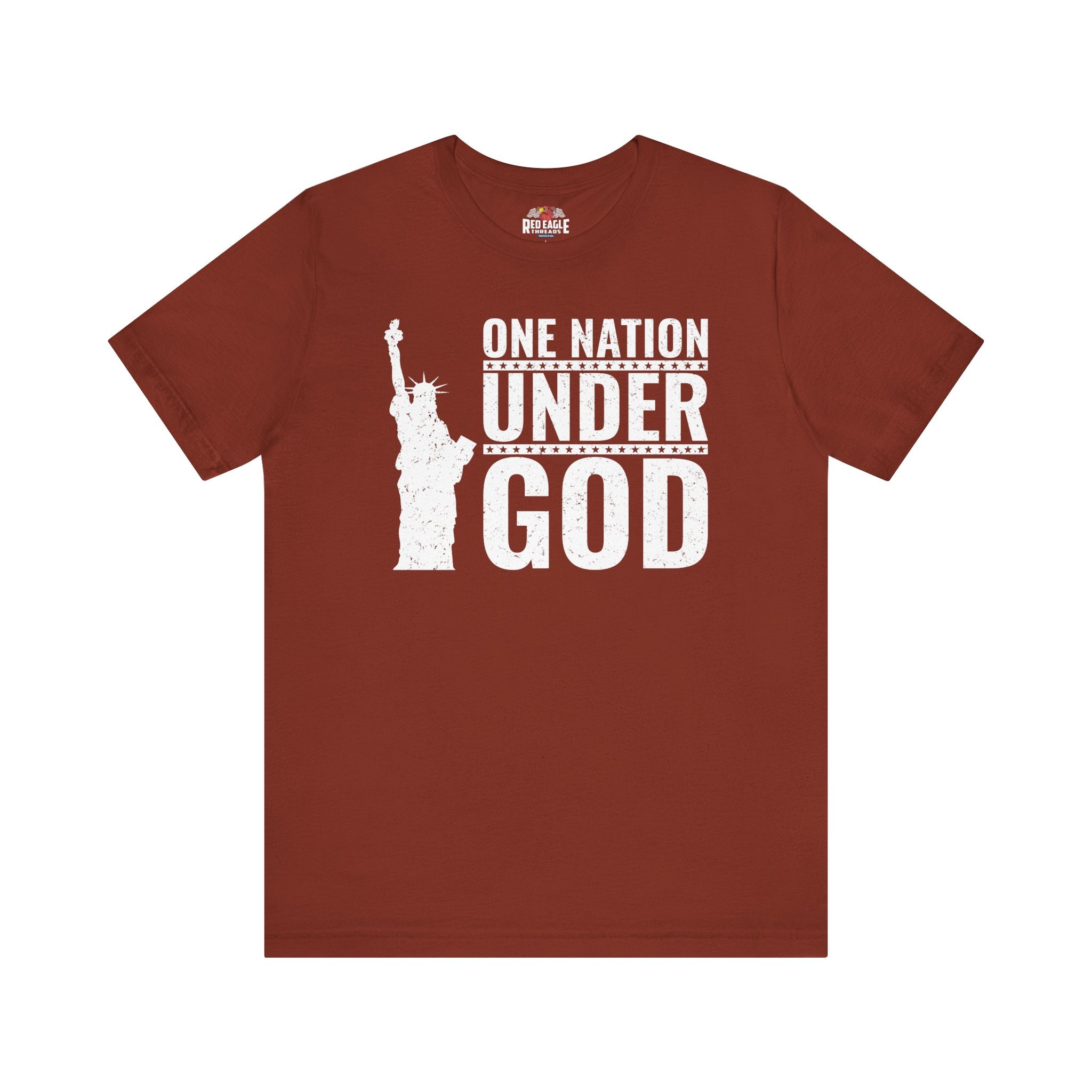 Rust t-shirt with 'One Nation Under God' graphic and Statue of Liberty in white print