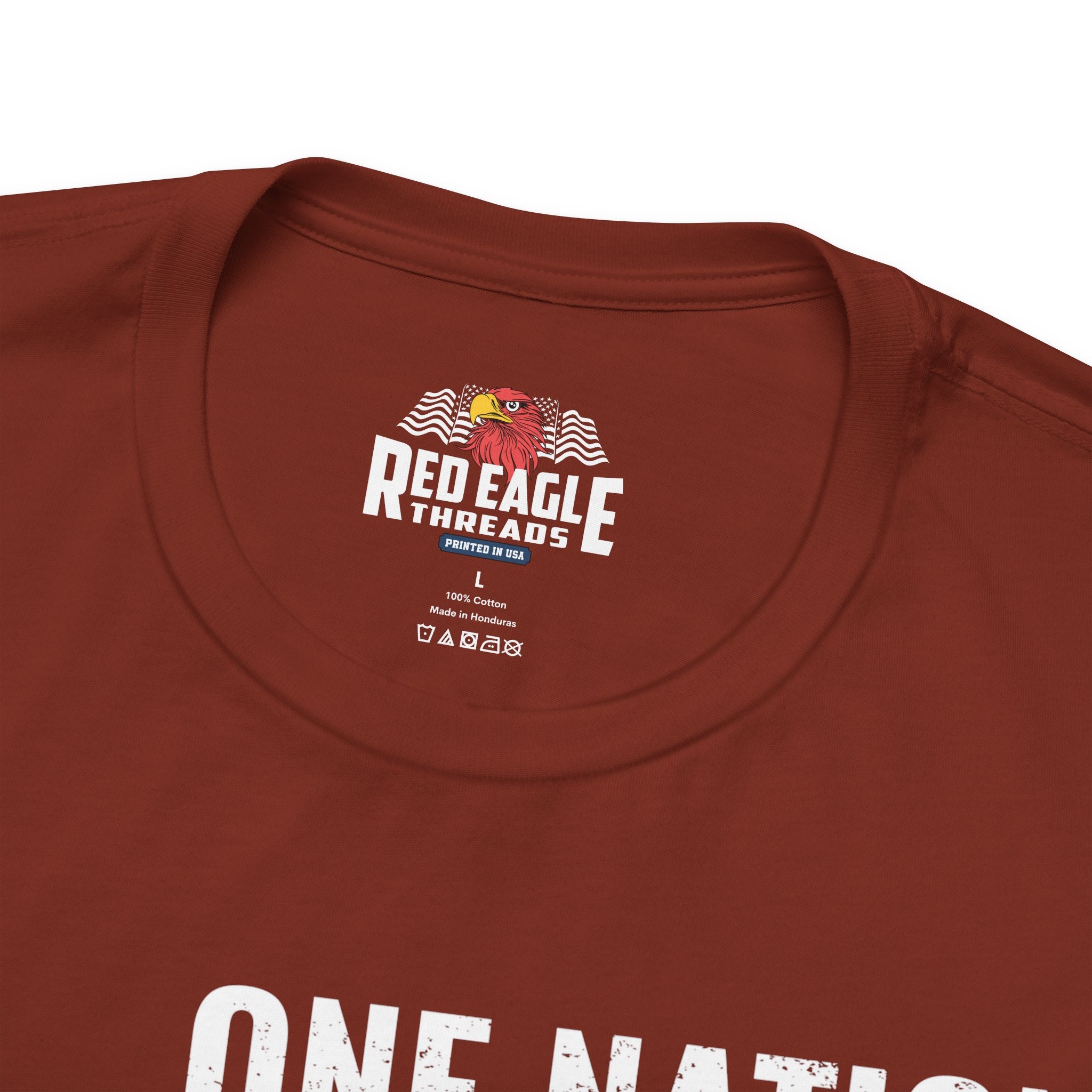Rust t-shirt with 'One Nation Under God' graphic and Statue of Liberty in white print