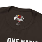 Close-up of a dark brown t-shirt with 'Red Eagle Threads' logo and text.