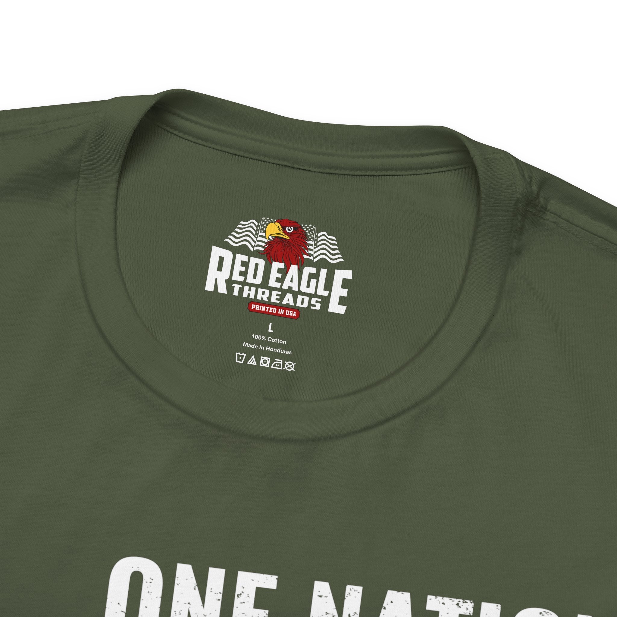 Green t-shirt with Red Eagle Threads logo and 'One Nation' text on a white background