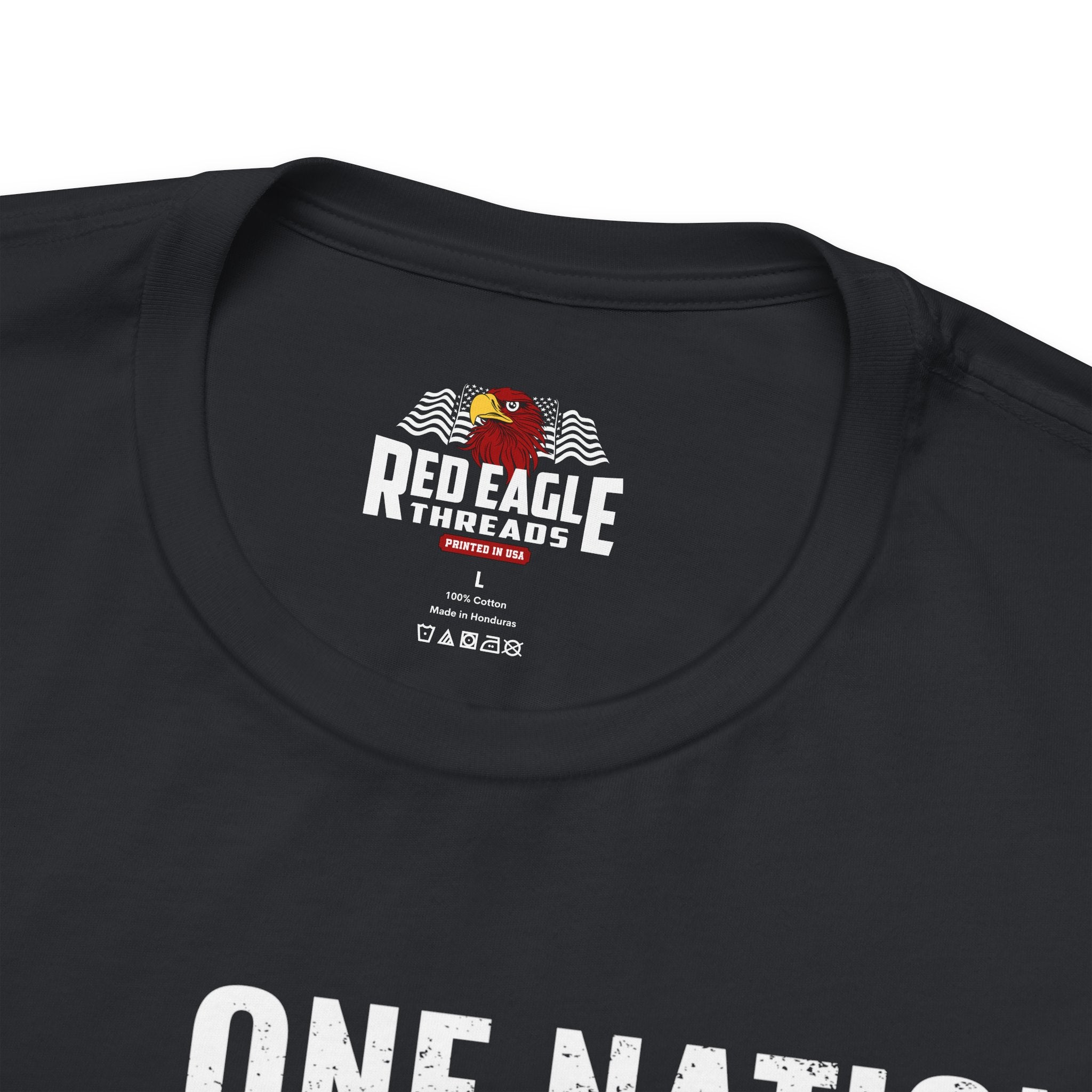Vintage black t-shirt with Red Eagle Threads logo and 'One Nation' text on a white background
