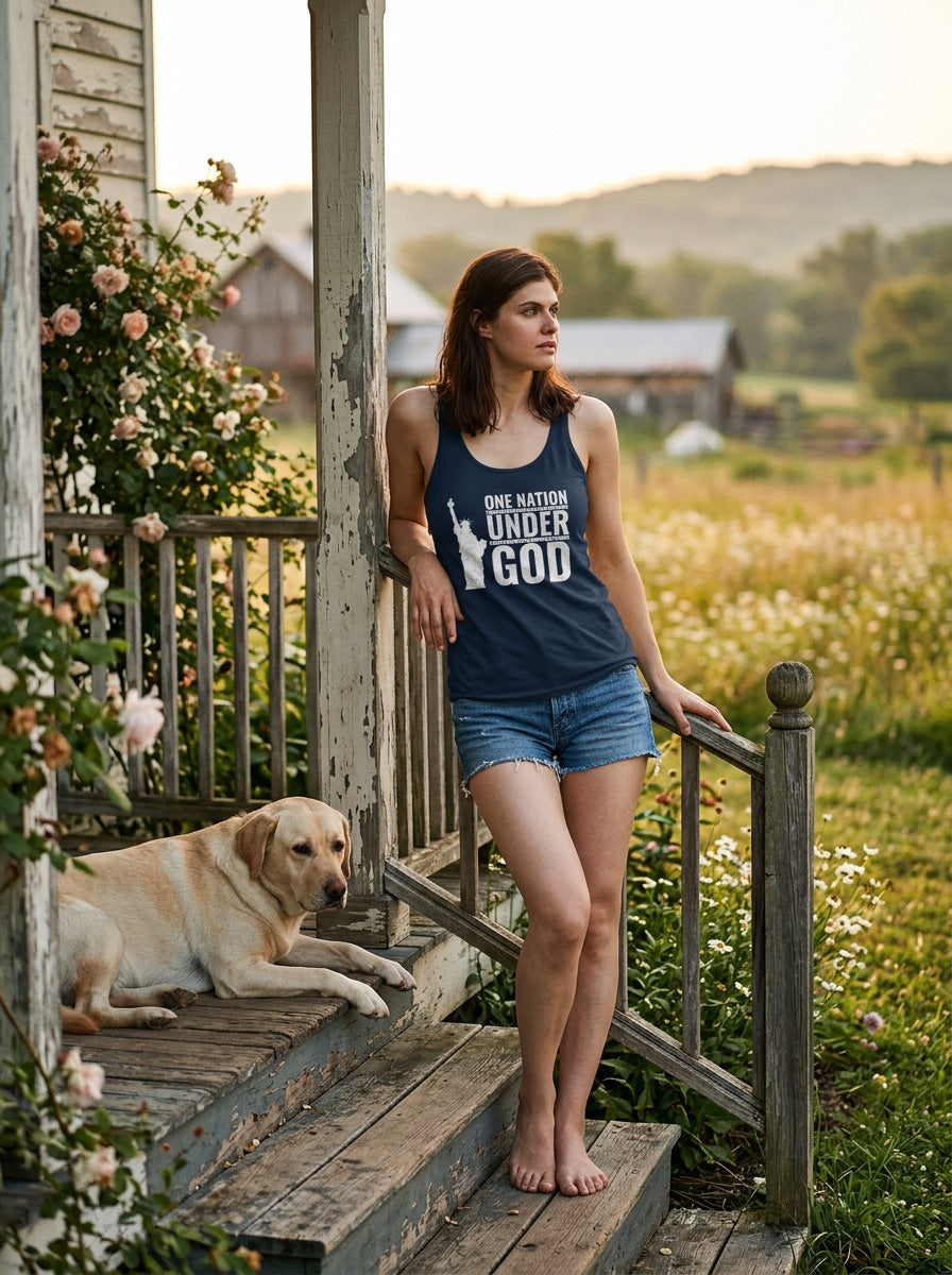 A woman stands barefoot on rustic wooden porch steps wearing a navy blue tank top with the white printed text 'ONE NATURAL UNDER GOD' and denim shorts, with a yellow Labrador retriever lying on the porch beside her in a rural outdoor setting.