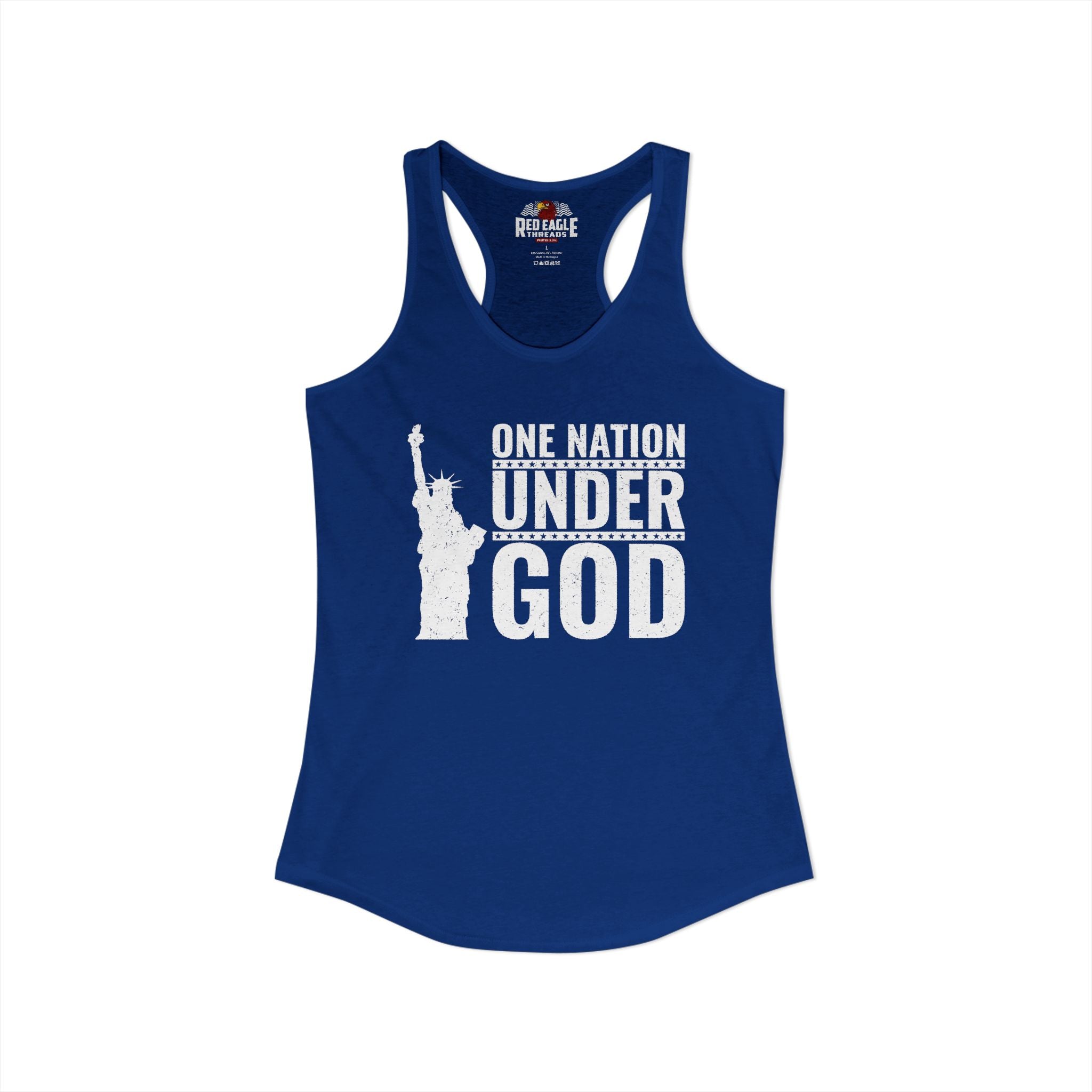 Blue tank top with 'One Nation Under God' text and statue graphic on a white background