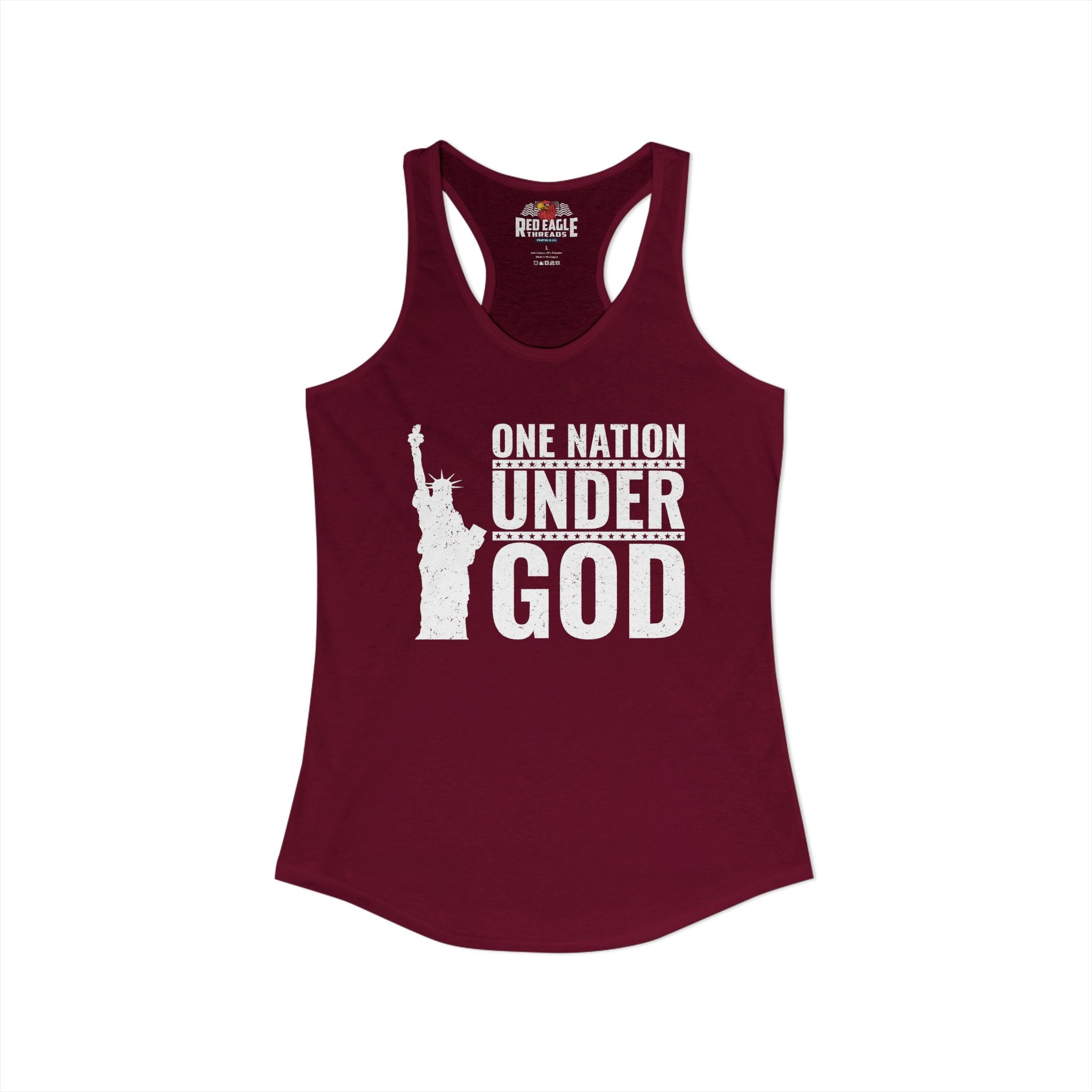 Maroon tank top with 'One Nation Under God' graphic on a white background