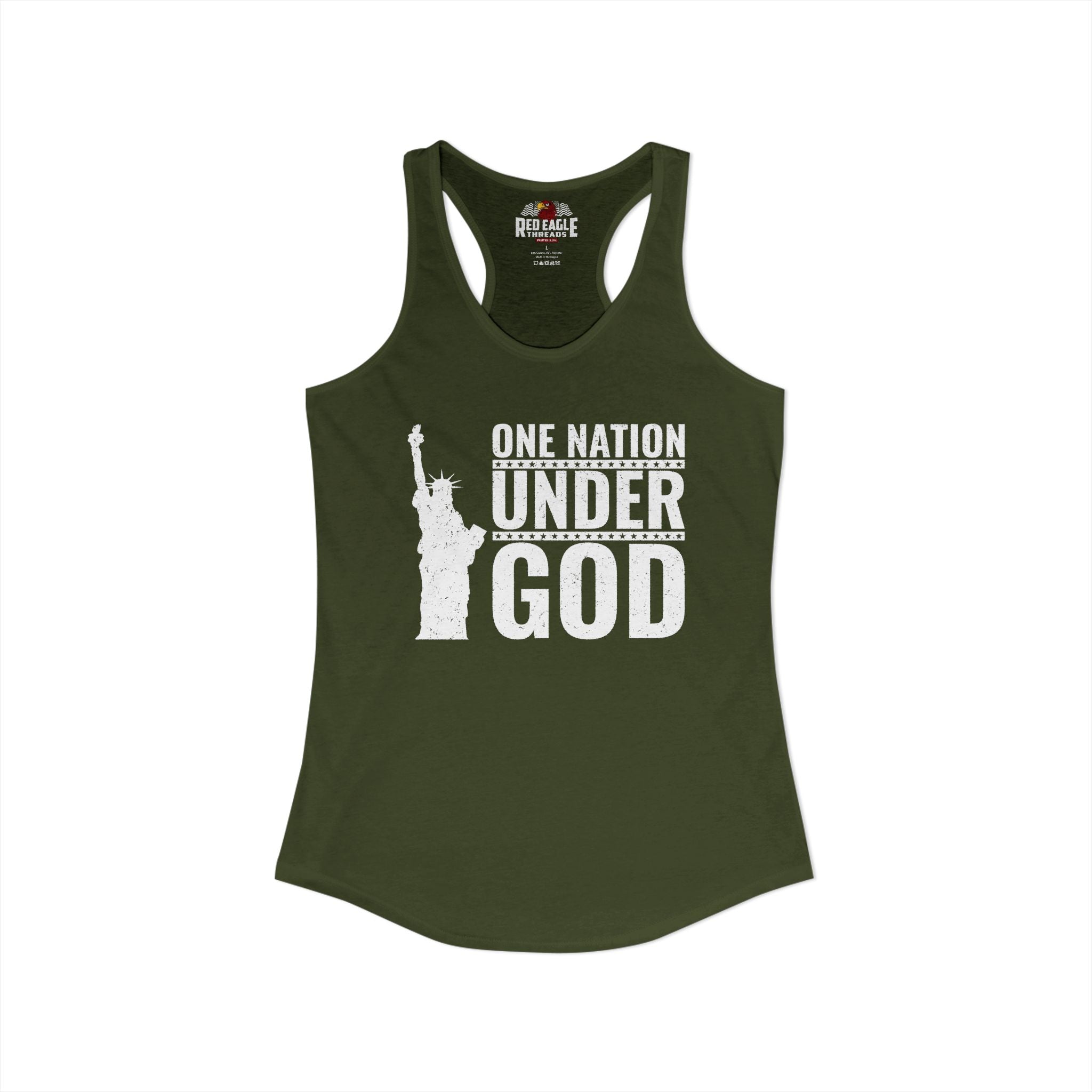 Green tank top with 'One Nation Under God' text and statue graphic on a white background