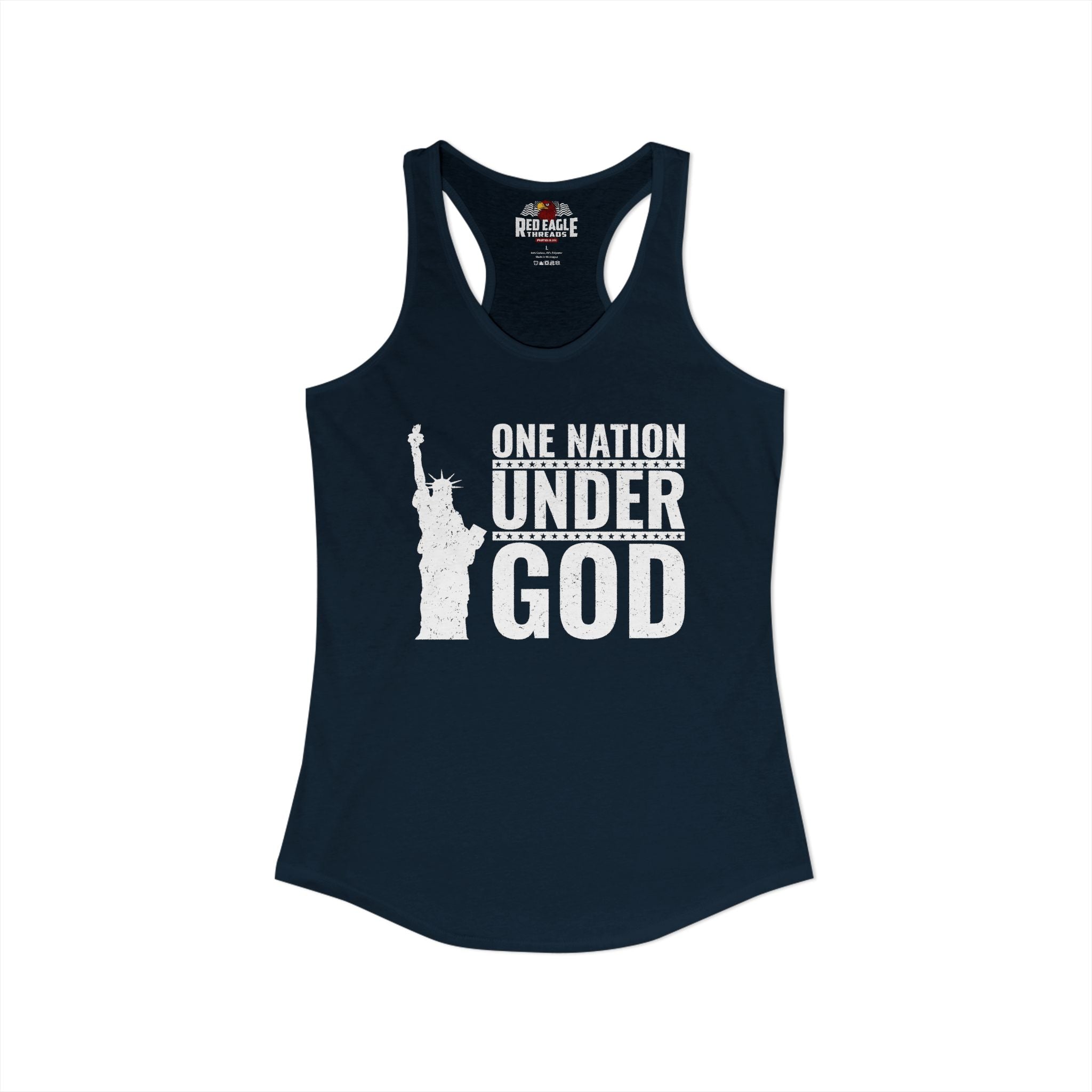 Navy Blue tank top with 'One Nation Under God' graphic on a white background