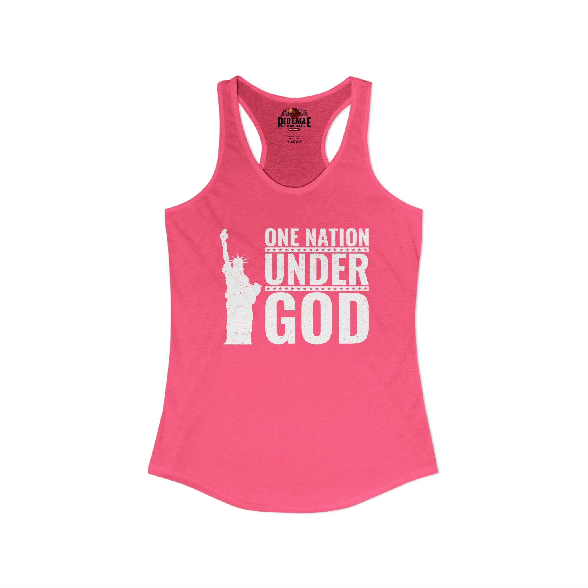 Pink tank top with 'One Nation Under God' text and Statue of Liberty graphic on a white background