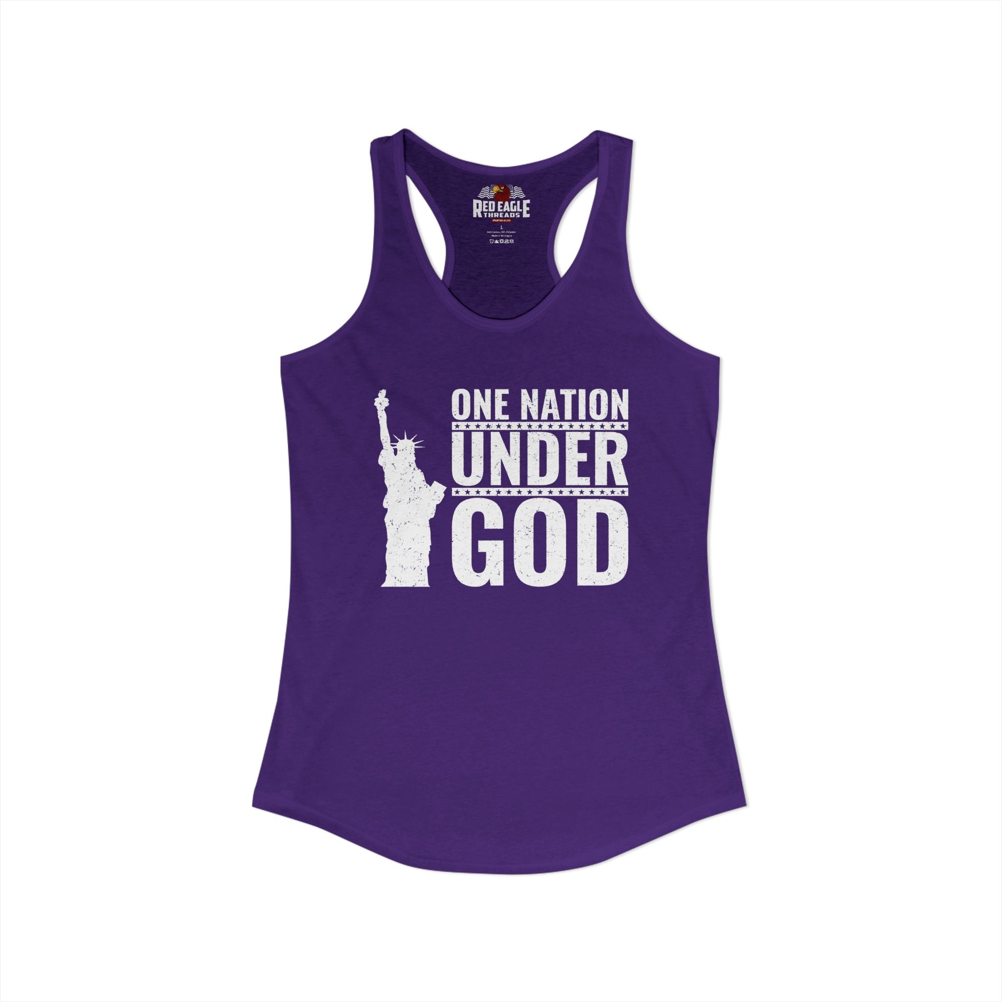 Purple tank top with 'One Nation Under God' text and statue graphic on a white background