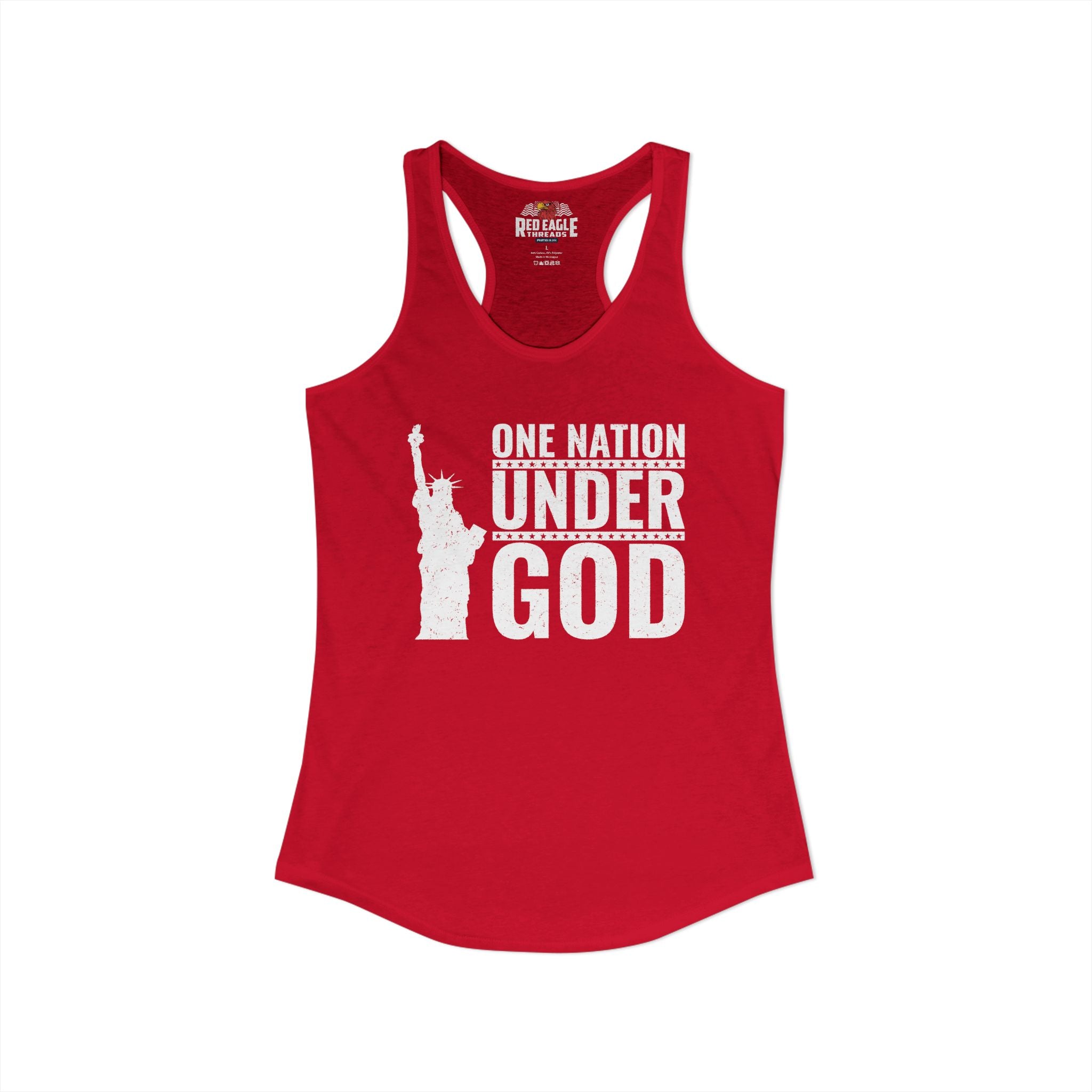 Red tank top with 'One Nation Under God' graphic and Statue of Liberty on a white background