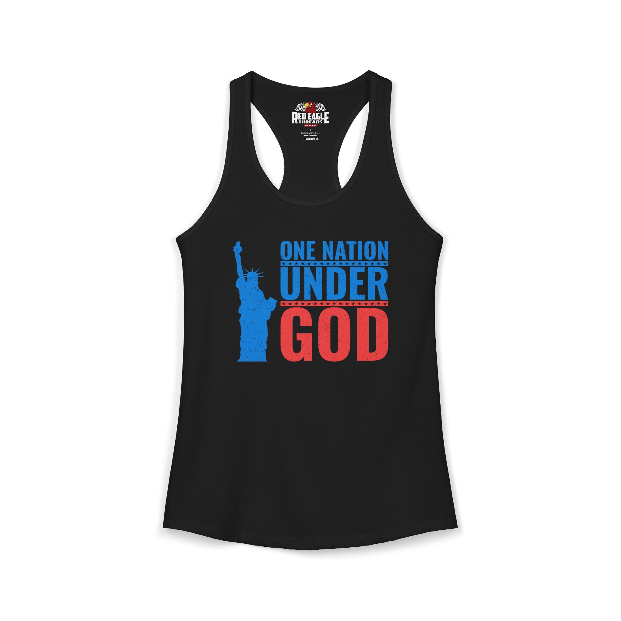 Black tank top with 'One Nation Under God' graphic on a white background