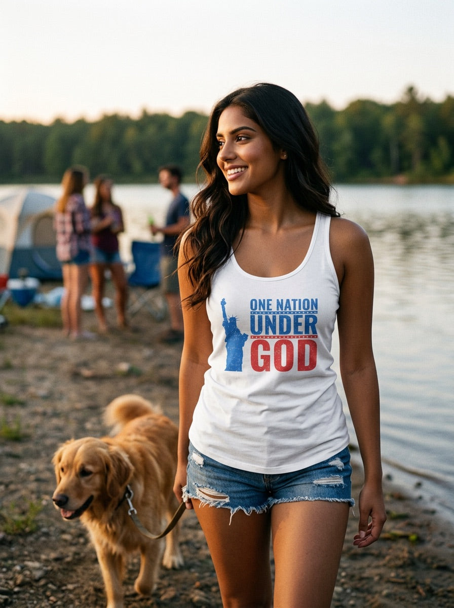 A woman walking outdoors by a lake with a golden retriever, wearing a white tank top with the text 'ONE NATION UNDER GOD' and a blue silhouette graphic. The background shows a campsite setting with tents and people at sunset.