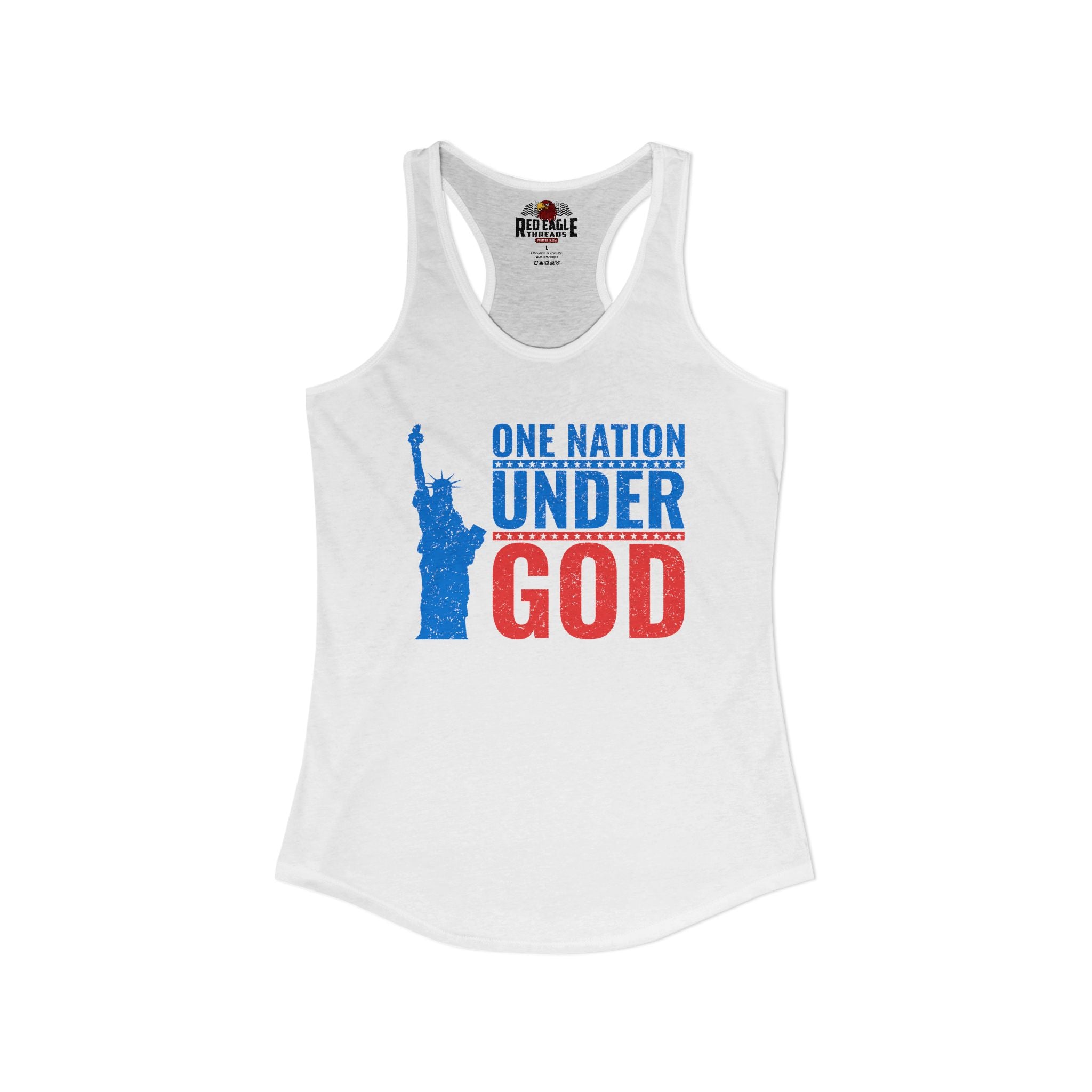 White tank top with 'One Nation Under God' graphic and Statue of Liberty on a white background