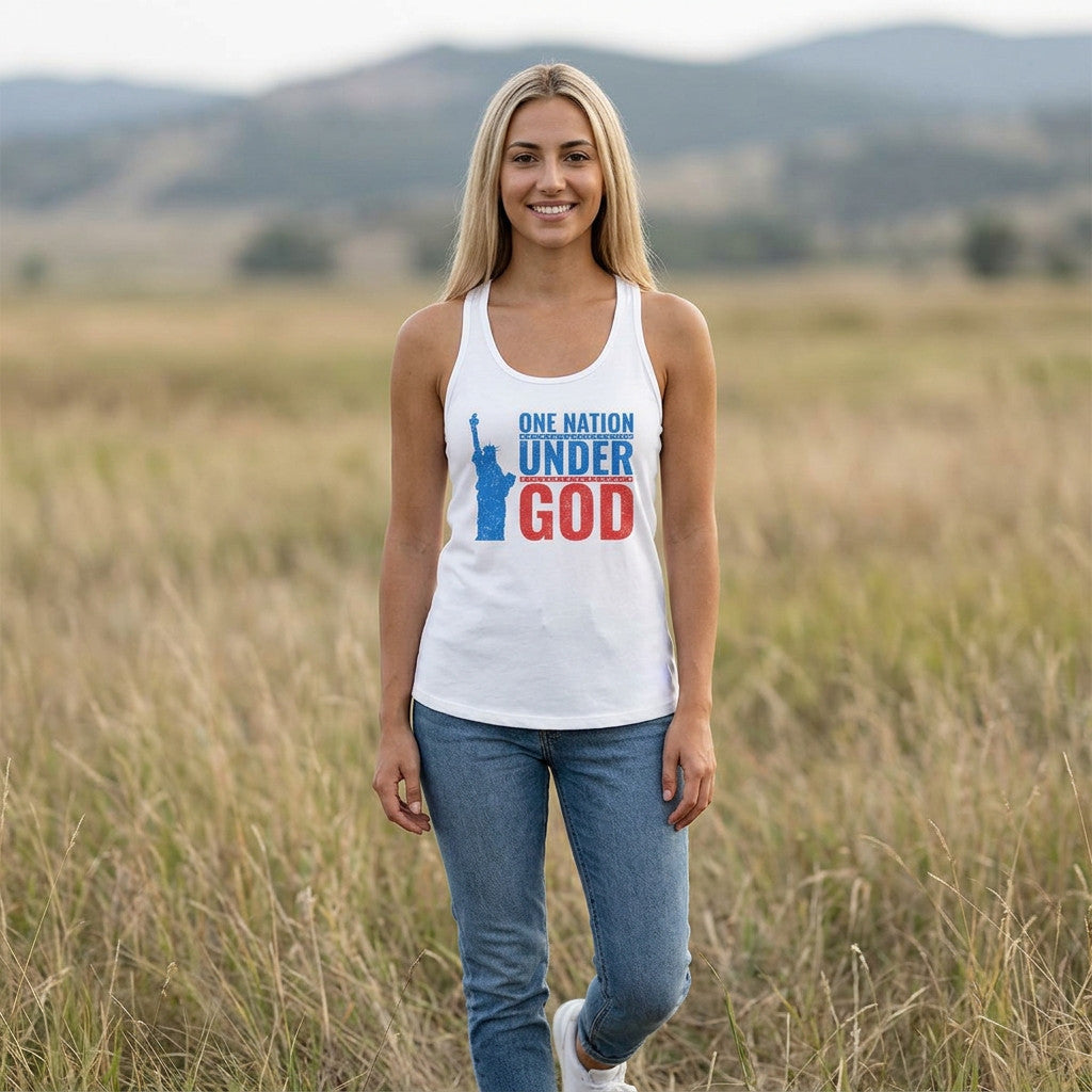Woman wearing a tank top with 'One Nation Under God' text in a field