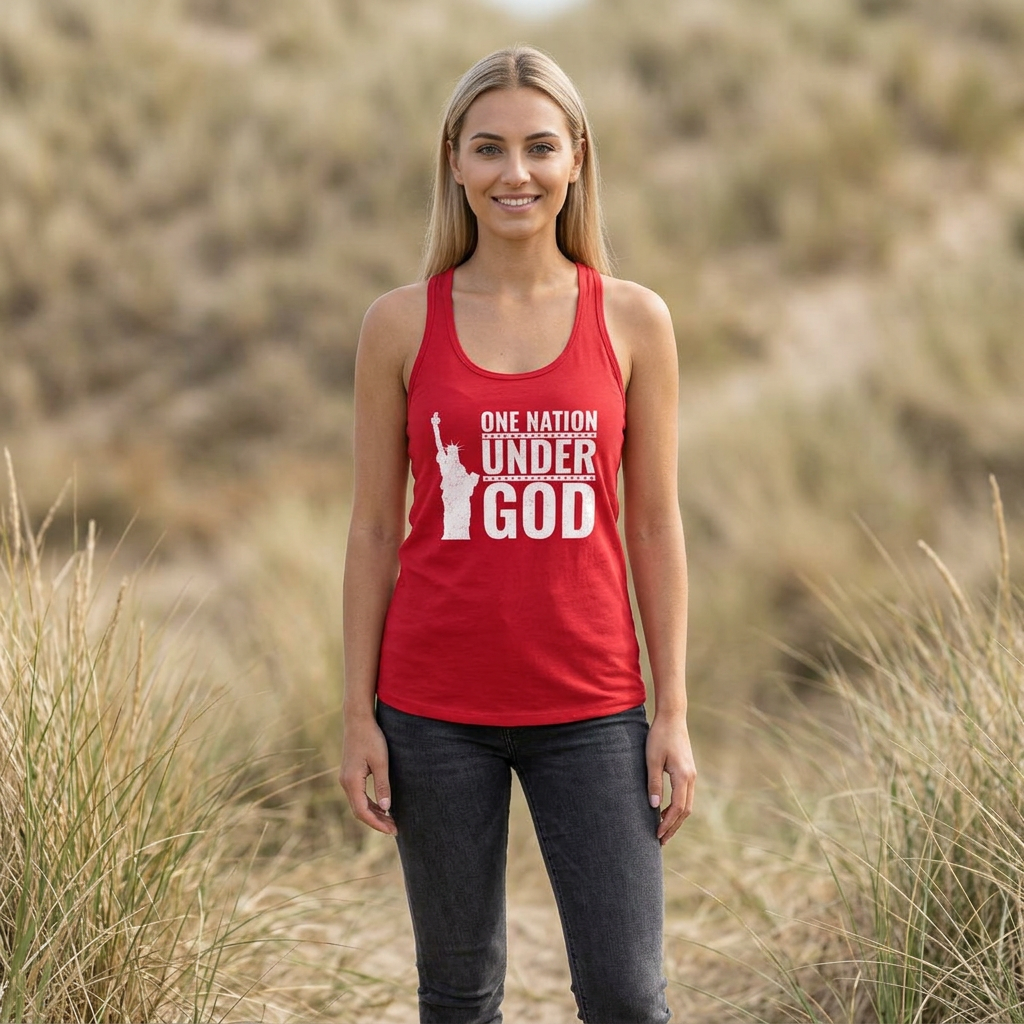 Woman wearing a red tank top with 'One Nation Under God' text and graphic, standing in a natural setting.