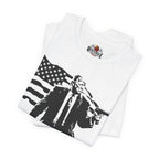 White t-shirt with black graphic design on a white background