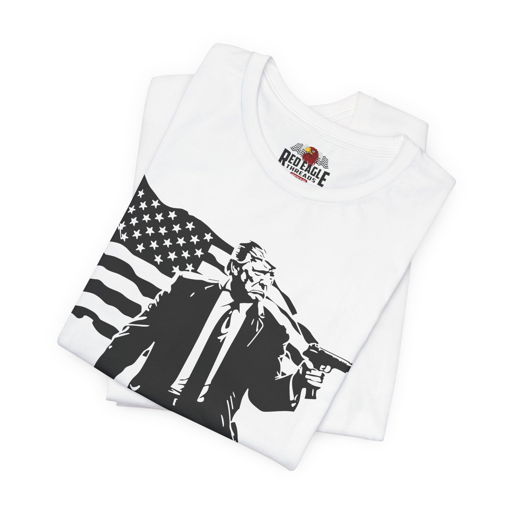 White t-shirt with black graphic design on a white background