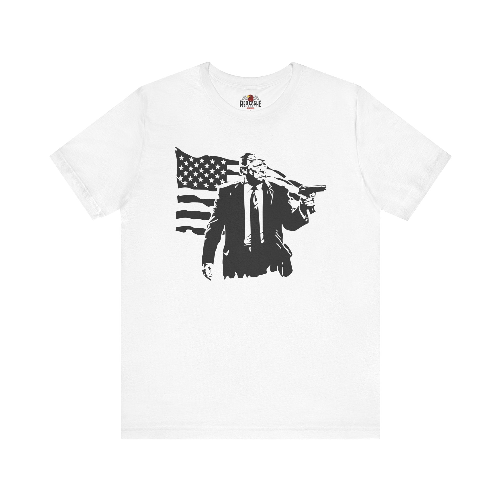 White t-shirt with black graphic design of a person holding an American flag on a white background