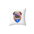 White square throw pillow with a pug wearing American flag sunglasses and a bandana on a white background