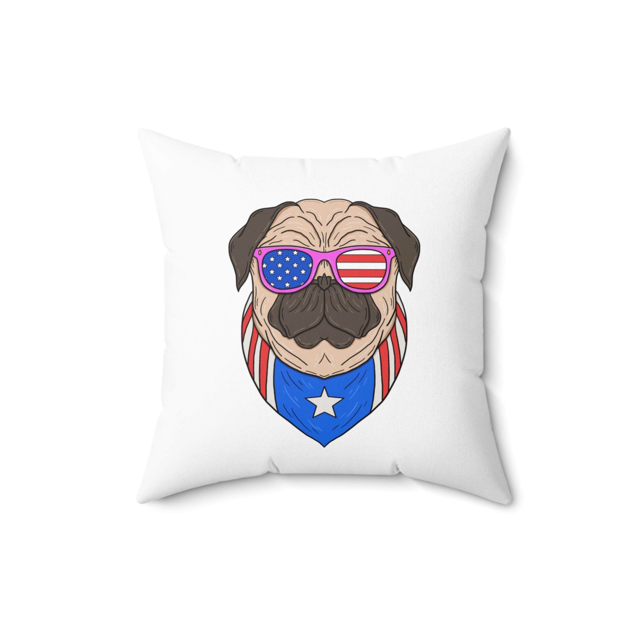 Pillow with a pug wearing American flag sunglasses and bandana on a white background