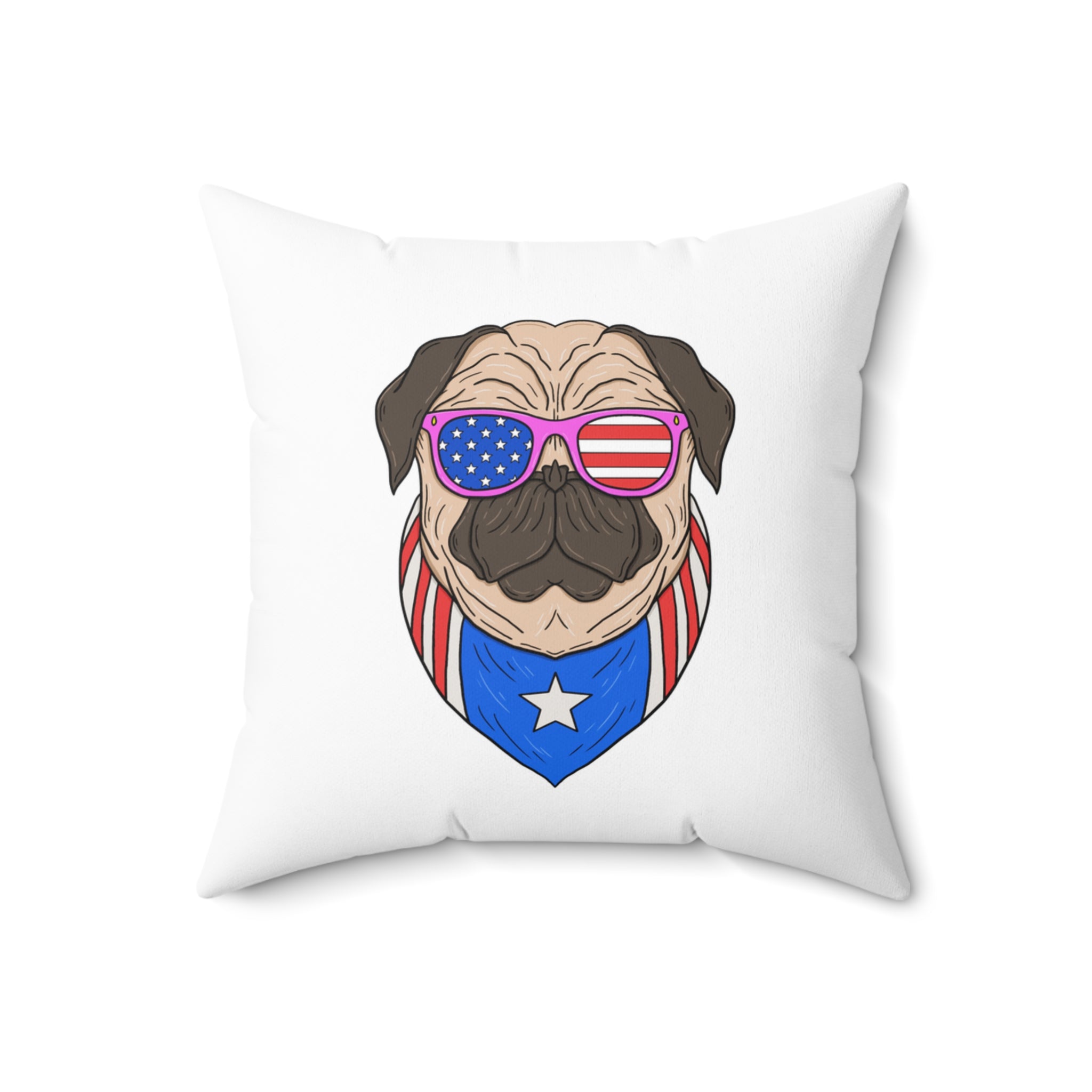 Pillow with a pug wearing American flag sunglasses and bandana on a white background