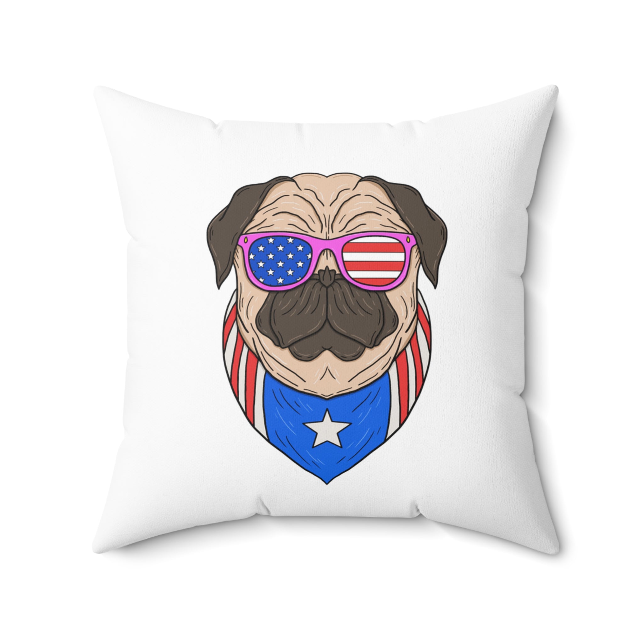 Pillow with a pug wearing American flag sunglasses and bandana on a white background