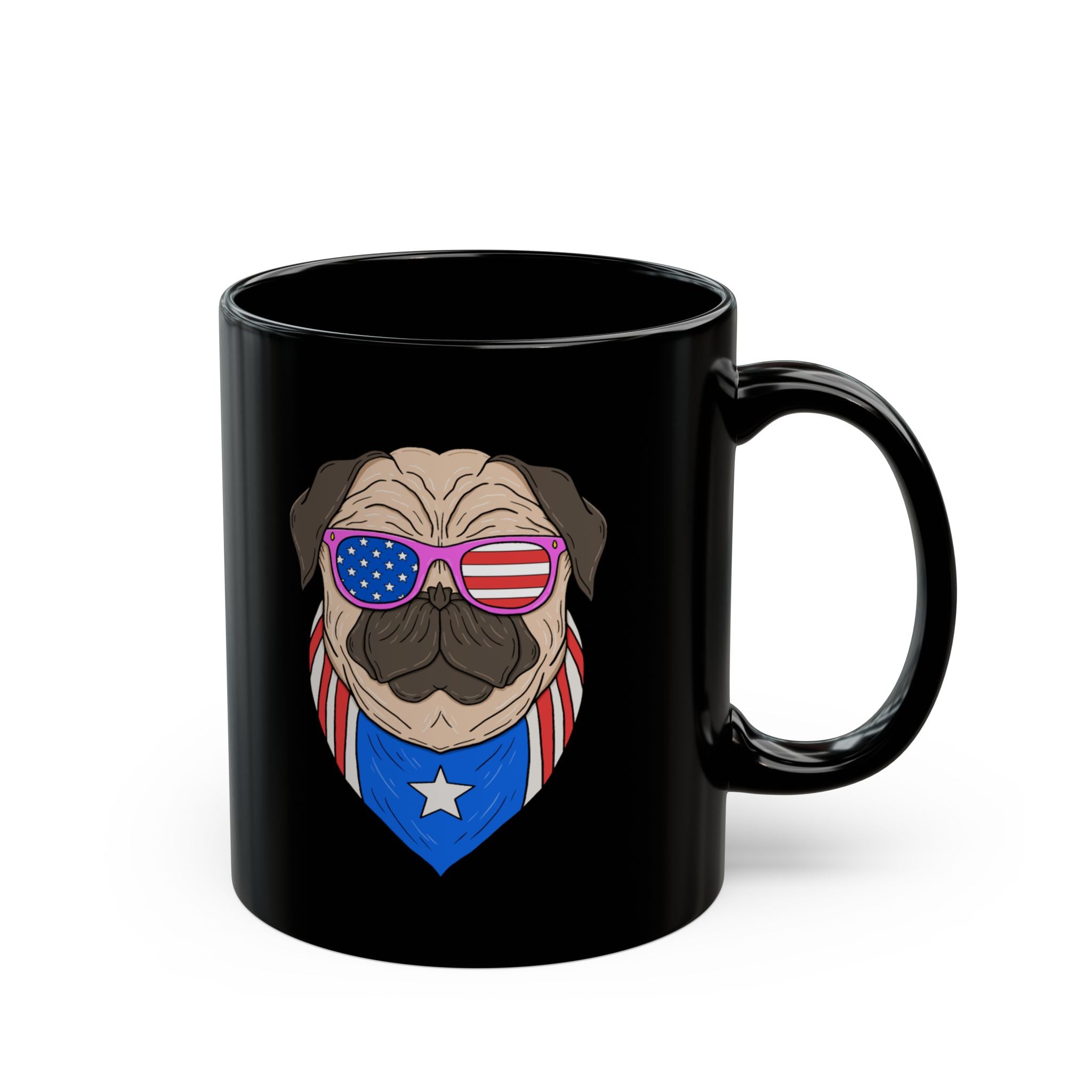 Black mug with a pug wearing American flag sunglasses and a bandana on a white background