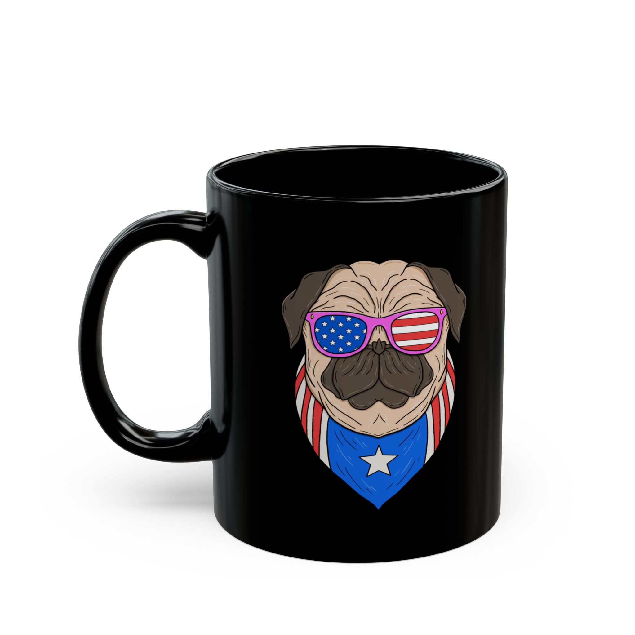 Black mug with a pug wearing American flag sunglasses and scarf on a white background