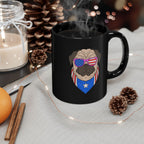 Black mug with a pug design wearing American flag sunglasses on a table with decorative items.