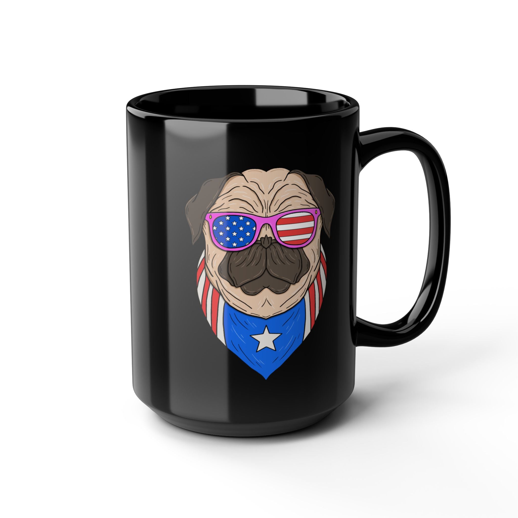 Black mug with a pug wearing American flag sunglasses and a bandana on a white background